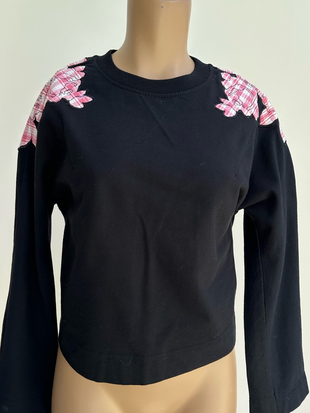 Carven Silk Cotton Blend Pink Plaid Floral Shoulder Appliqué Embroidered Sweater
